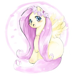 Size: 800x848 | Tagged: safe, artist:gokupony, fluttershy, pegasus, pony, g4, blushing, female, floral head wreath, flower, looking at you, mare, open mouth, raised hoof, sitting, solo, spread wings, wings