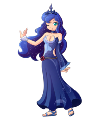 Size: 1024x1303 | Tagged: safe, artist:angriestangryartist, princess luna, human, g4, anime, clothes, dress, female, humanized, one eye closed, sandals, simple background, solo, transparent background, wink