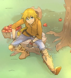 Size: 1250x1371 | Tagged: safe, artist:stupidyou3, applejack, human, g4, female, humanized, looking up, perspective, sitting, solo, steampunk, steampunk is magic