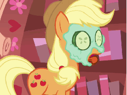 Size: 480x360 | Tagged: safe, screencap, applejack, earth pony, pony, g4, look before you sleep, season 1, animated, cropped, cucumber, eating, female, golden oaks library, gulp, herbivore, licking, mare, mud mask, solo, swallowing, throat bulge, tongue out
