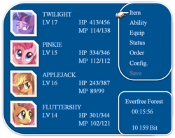 Size: 1078x854 | Tagged: safe, applejack, fluttershy, pinkie pie, twilight sparkle, g4, final fantasy, menu screen, parody