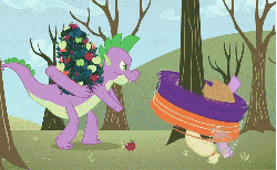 Size: 744x460 | Tagged: safe, screencap, applejack, spike, twilight sparkle, dragon, pony, g4, secret of my excess, animated, blurry, dizzy, fail, greed spike, song in the comments, spinning, teenage spike
