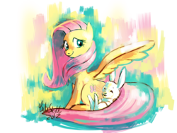 Size: 2000x1500 | Tagged: safe, artist:cuteskitty, angel bunny, fluttershy, pegasus, pony, rabbit, g4, animal, duo, female, full body, happy, male, mare, side view, simple background, sitting, smiling, transparent background