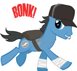 Size: 758x699 | Tagged: safe, artist:ah-darnit, earth pony, pony, bandage, bonk, grin, hat, headset, looking back, microphone, ponified, running, scout (tf2), simple background, smirk, solo, team fortress 2, transparent background, vector