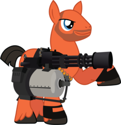 Size: 1041x1079 | Tagged: safe, artist:ah-darnit, earth pony, pony, bald, crossover, heavy weapons guy, heavy weapons pony, minigun, ponified, raised hoof, short tail, simple background, smiling, solo, stubble, team fortress 2, transparent background, vector