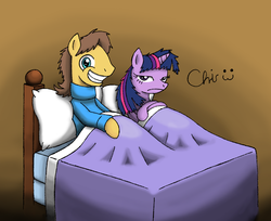 Size: 1376x1122 | Tagged: safe, artist:nekocrispy, caramel, twilight sparkle, g4, bed, big grin, clothes, duo, female, grin, male, ship:caralight, shipping, smiling, straight, sweater