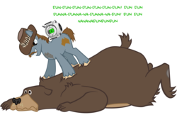 Size: 1500x970 | Tagged: safe, artist:ah-darnit, oc, bear, earth pony, pony, adventure core, crossover, dialogue, duo, facial hair, hat, male, moustache, ponified, portal (valve), portal 2, rick, saxton hale, simple background, stallion, team fortress 2, transparent background, vector