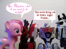 Size: 648x484 | Tagged: safe, artist:geysereelborn, pinkie pie, g4, brushable, irl, megatron, photo, toy, transformers