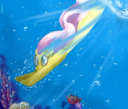 Size: 2600x2200 | Tagged: dead source, safe, artist:my-magic-dream, fluttershy, pony, g4, diving, female, goggles, high res, solo, swimming goggles, underwater, watershy