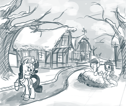 Size: 2200x1852 | Tagged: safe, artist:derkrazykraut, pinkie pie, rainbow dash, rarity, g4, angry, clothes, laughing, monochrome, snow