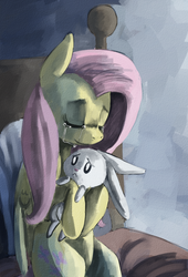 Size: 750x1100 | Tagged: safe, artist:terrac0tta, angel bunny, fluttershy, pegasus, pony, rabbit, g4, animal, crying, female, frown, male, mare, sitting