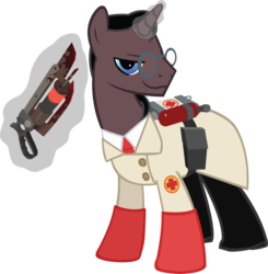 Size: 1342x1371 | Tagged: safe, artist:ah-darnit, oc, pony, unicorn, glasses, glowing horn, hooves, horn, levitation, magic, male, medic, medic (tf2), ponified, simple background, solo, stallion, team fortress 2, telekinesis, transparent background, ubersaw, vector