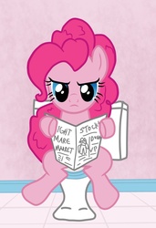 Size: 600x876 | Tagged: safe, artist:timothymwellman, pinkie pie, earth pony, pony, g4, but why, duo, female, implied pooping, mare, newspaper, pooping, potty, potty time, reading, sitting on toilet, toilet