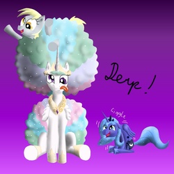 Size: 1000x1000 | Tagged: safe, artist:cgeta, derpy hooves, princess celestia, princess luna, alicorn, pegasus, pony, g4, :p, afro, alternate hairstyle, cross-eyed, derp, derplestia, frolestia, giggling, gradient background, laughing, s1 luna, sillestia, silly, silly pony, smiling, stuck, tongue out, waving