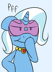 Size: 500x692 | Tagged: dead source, safe, artist:weabootrixie, trixie, pony, g4, blue background, dialogue, female, goggles, grin, necklace, raspberry noise, simple background, smug, solo, the kawaii and desu trixie