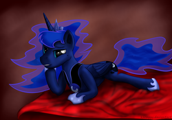 Size: 3557x2485 | Tagged: safe, artist:kaczy, princess luna, alicorn, pony, g4, bedroom eyes, high res, male, prince artemis, prone, rule 63, solo, stallion