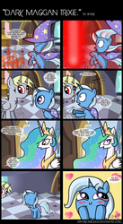 Size: 2860x5222 | Tagged: safe, artist:zsparkonequus, derpy hooves, princess celestia, trixie, alicorn, demon, pony, unicorn, g4, almost dashface, blushing, comic, cute, dark magic, dialogue, diatrixes, female, filly, filly trixie, high res, mare, younger