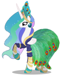 Size: 900x1115 | Tagged: safe, artist:erikadaniel98, princess celestia, alicorn, pony, g4, clothes, dress, female, gala dress, peacock feathers, simple background, solo, transparent background