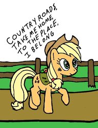 Size: 469x612 | Tagged: safe, artist:closer-to-the-sun, applejack, earth pony, pony, g4, john denver, looking ahead, raised hoof, road, solo, take me home country roads, walking