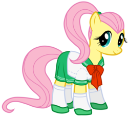 Size: 4894x4427 | Tagged: safe, artist:jennieoo, fluttershy, pony, absurd resolution, alternate hairstyle, clothes, cute, dress, female, ponytail, schoolgirl, show accurate, shyabetes, simple background, socks, solo, transparent background, vector