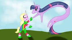 Size: 900x506 | Tagged: safe, artist:snakehands, twilight sparkle, pony, g4, adventure time, day, lady rainicorn, looking at each other, male, ponified, rainicorn, species swap