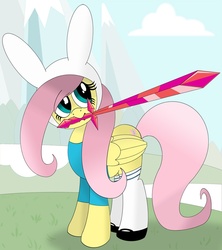 Size: 800x900 | Tagged: safe, artist:shivymaneuver, fluttershy, pegasus, pony, g4, adventure time, female, fionna the human, fionnashy, male, mare, mouth hold, solo