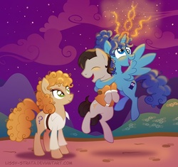 Size: 612x575 | Tagged: safe, artist:lissystrata, doctor whooves, time turner, alicorn, earth pony, pony, g4, crossover, doctor who, eleventh doctor, female, hug, idris, male, mare, ponified, river song (doctor who), stallion, tardis, tardis-pony, the doctor, trio