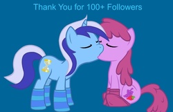 Size: 758x490 | Tagged: safe, artist:rainbowshy1241, berry punch, berryshine, minuette, earth pony, pony, unicorn, g4, clothes, female, kissing, lesbian, ship:berrygate, shipping, socks, striped socks