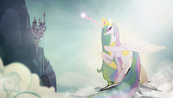 Size: 1920x1080 | Tagged: dead source, safe, artist:mackaged, edit, princess celestia, alicorn, pony, g4, alternate hairstyle, cloud, cloudy, female, mare, wallpaper, wallpaper edit