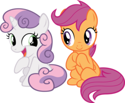 Size: 6000x4920 | Tagged: safe, artist:newlunaticrepublic, scootaloo, sweetie belle, pegasus, pony, unicorn, g4, absurd resolution, duo, duo female, female, filly, open mouth, simple background, transparent background, vector