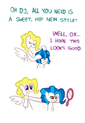 Size: 900x1293 | Tagged: safe, artist:willdrawforfood1, dj pon-3, surprise, vinyl scratch, pegasus, pony, ask surprise, g1, g4, alternate hairstyle, ask, colored pupils, dialogue, female, g1 to g4, generation leap, grin, mare, mirror, red eyes, simple background, smiling, spread wings, white background, wings