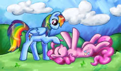 Size: 1134x673 | Tagged: safe, artist:dawnallies, pinkie pie, rainbow dash, earth pony, pegasus, pony, g4, boop, cute, duo, eyes closed, female, lesbian, lying down, mare, on back, open mouth, raised hoof, ship:pinkiedash, shipping