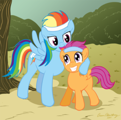 Size: 629x622 | Tagged: safe, artist:brianblackberry, rainbow dash, scootaloo, pegasus, pony, g4, bush, duo, duo female, female, filly, foal, grass, headband, hug, looking at each other, looking at someone, mare, open mouth, scootalove, signature, tree