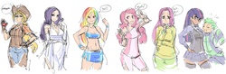 Size: 3000x981 | Tagged: safe, artist:maniacpaint, applejack, fluttershy, pinkie pie, rainbow dash, rarity, spike, twilight sparkle, human, g4, apple, breasts, chaps, cleavage, clothes, female, food, humanized, male, mane seven, mane six, skirt