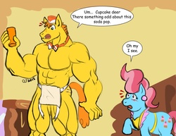Size: 990x765 | Tagged: safe, artist:caseyljones, carrot cake, cup cake, earth pony, pony, anthro, g4, abs, apron, beef cake, blushing, clothes, female, grammar error, implied transformation, male, mare, muscles, muscular male, open mouth, overdeveloped muscles, partial nudity, pony to anthro, raised hoof, ship:carrot cup, shipping, straight, topless, wide eyes