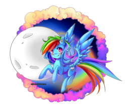 Size: 1000x846 | Tagged: safe, artist:night-tyan, rainbow dash, pegasus, pony, g4, cloud, colored pupils, ear fluff, female, full moon, mare, moon, simple background, solo, spread wings, transparent background, wings