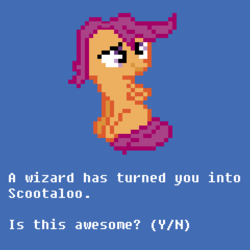 Size: 480x480 | Tagged: safe, scootaloo, pony, g4, female, meta, pixel art, solo, text