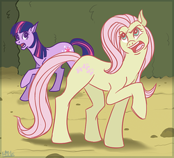 Size: 660x602 | Tagged: safe, artist:duckprince, fluttershy, twilight sparkle, pegasus, pony, unicorn, g4, discorded, female, flutterbitch, mare, open mouth, unicorn twilight, wingless