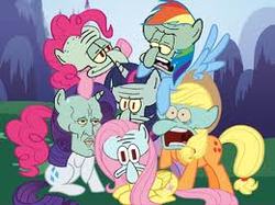 Size: 260x194 | Tagged: safe, applejack, fluttershy, pinkie pie, rainbow dash, rarity, twilight sparkle, g4, cult of squidward, handsome squidward, male, mane six, mane six opening poses, picture for breezies, spongebob squarepants, squidward tentacles, wat