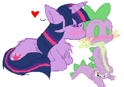 Size: 286x201 | Tagged: safe, artist:tsukaimonboom, spike, twilight sparkle, dragon, pony, unicorn, g4, blushing, cheek kiss, duo, female, fluffy, kissing, male, mare, ship:twispike, shipping, simple background, straight, surprise kiss, unicorn twilight, white background