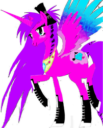 Size: 804x993 | Tagged: safe, oc, oc only, alicorn, pony, 1000 hours in ms paint, alicorn oc, anime eyes, blush scribble, bow, colored wings, coontails, cyan eyes, donut steel, emo, gradient wings, hair bow, horn, knee-high boots, multicolored wings, my eyes, needs more saturation, peytral, princess, scene, simple background, smiling, spread wings, standing on two hooves, white background, wings