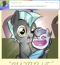 Size: 644x700 | Tagged: safe, rumble, thunderlane, pegasus, pony, g4, ask-little-rumble, baby picture, brothers, colt, cute, foal, rumblebetes, thunderbetes, toothless, tumblr, weapons-grade cute, young, younger