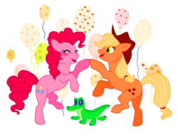 Size: 1440x1110 | Tagged: safe, artist:bluebirdrae288, applejack, gummy, pinkie pie, earth pony, pony, g4, balloon, female, mare, simple background, transparent background