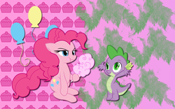 Size: 2560x1600 | Tagged: safe, artist:alicehumansacrifice0, pinkie pie, spike, g4, cotton candy, duo, eating, female, hoof hold, male, wallpaper, wavy mouth