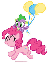 Size: 1184x1572 | Tagged: safe, artist:pinkys1985, pinkie pie, spike, dragon, earth pony, pony, g4, balloon, duo, eyes closed, female, male, mare, open mouth