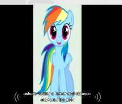 Size: 431x367 | Tagged: safe, rainbow dash, pegasus, pony, g4, female, mare, open mouth, smiling, solo, youtube caption