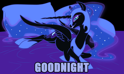 Size: 1339x797 | Tagged: safe, edit, nightmare moon, alicorn, pony, g4, bed, ethereal mane, female, grin, hoof shoes, image macro, mare, pillow, slit pupils, smiling, solo, starry mane