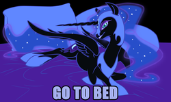 Size: 1339x797 | Tagged: safe, edit, nightmare moon, alicorn, pony, g4, bed, ethereal mane, female, go to bed, grin, hoof shoes, image macro, mare, pillow, slit pupils, smiling, solo, starry mane