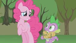 Size: 1280x720 | Tagged: safe, screencap, pinkie pie, spike, g4, baked bads, food, muffin, pinkie pie is not amused, unamused