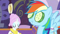 Size: 500x280 | Tagged: safe, screencap, rainbow dash, rarity, pony, g4, ponyville confidential, animated, bathrobe, clothes, cucumber, cucumber monocle, cucumber pirate, duo, eating, female, herbivore, ponyville spa, puffy cheeks, robe, spa, towel on head